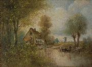 unknow artist Landscape with cows small farm and windmill oil painting reproduction